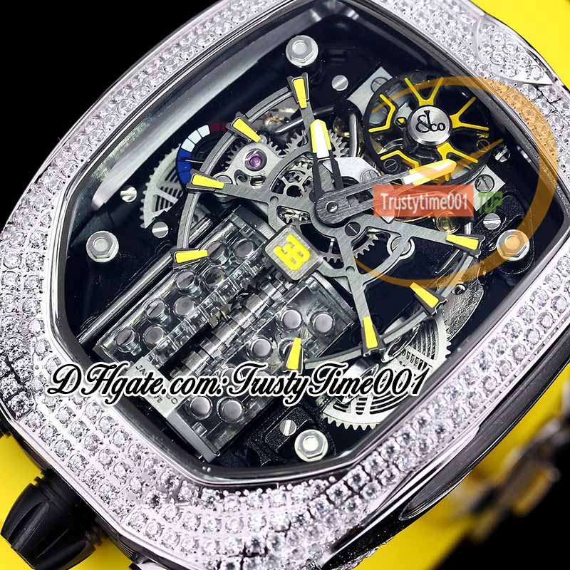 Bugatti Chiron Tourbillon Autoamtic Mens Watch 16 Cylinder Engine Skeleton Dial Iced Out Diamonds Inlay Case Red Rubber Strap TrusteTime001Watches BU200.30