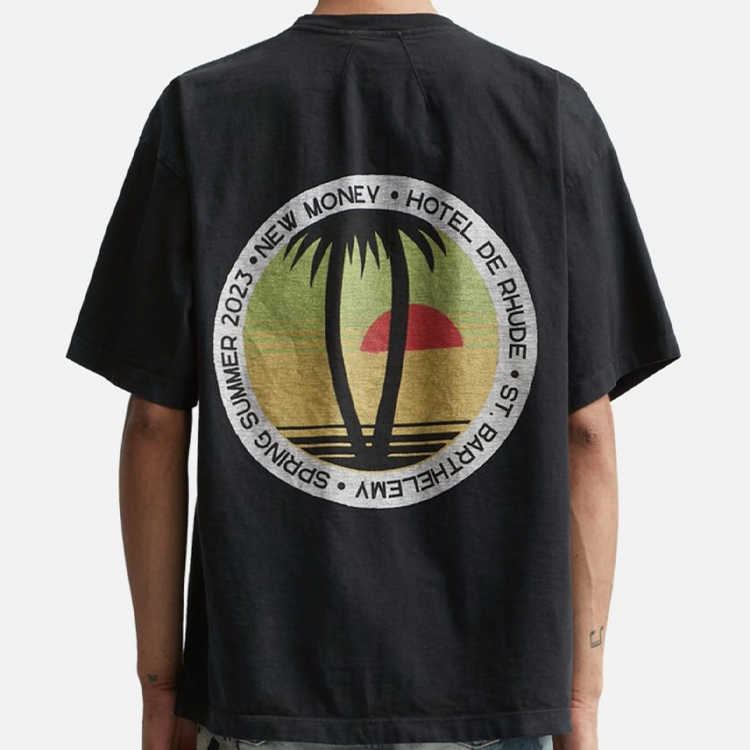 T-shirt Rhude Designer T-shirt di qualità originale Cartoon Sunset Coconut Tree T-shirt estiva in puro cotone di marca allentata di tendenza Uomo Donna
