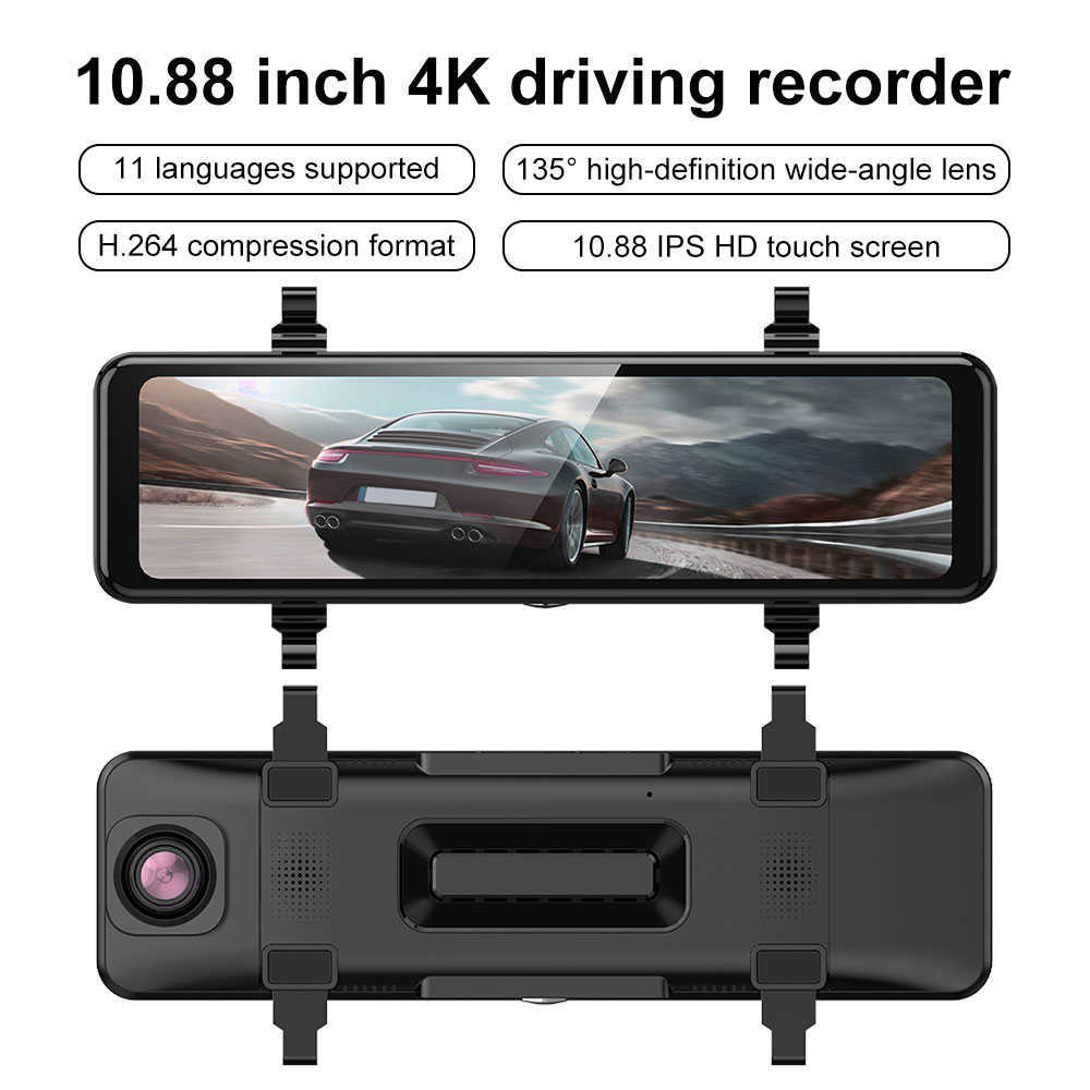 10,88 tum bil DVR 4K Pekskärm Front Camera Time-Lapse Video GPS Track Playback Recorder Dual Lens 1080p Bakkammar