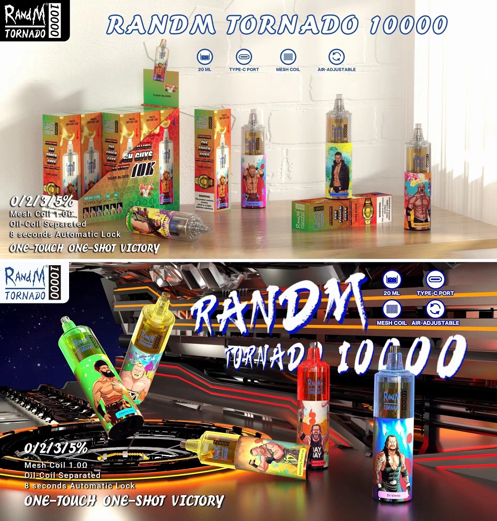 RandM Tornado Puff 10000 cigarettes électroniques jetables dispositif de contrôle du flux d'air 6 couleurs lumière RVB 0% 2% 5% en option 10K Puffs Vape Pen 24 saveurs aléatoires