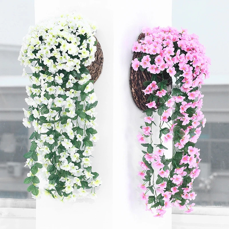 Heiße Verkäufe Violette künstliche Blumen-Wandbehang-Simulations-violette Orchideen-gefälschte Seidenreben-Blumen-Hochzeitsfest-Hausgarten-Balkon-Dekoration