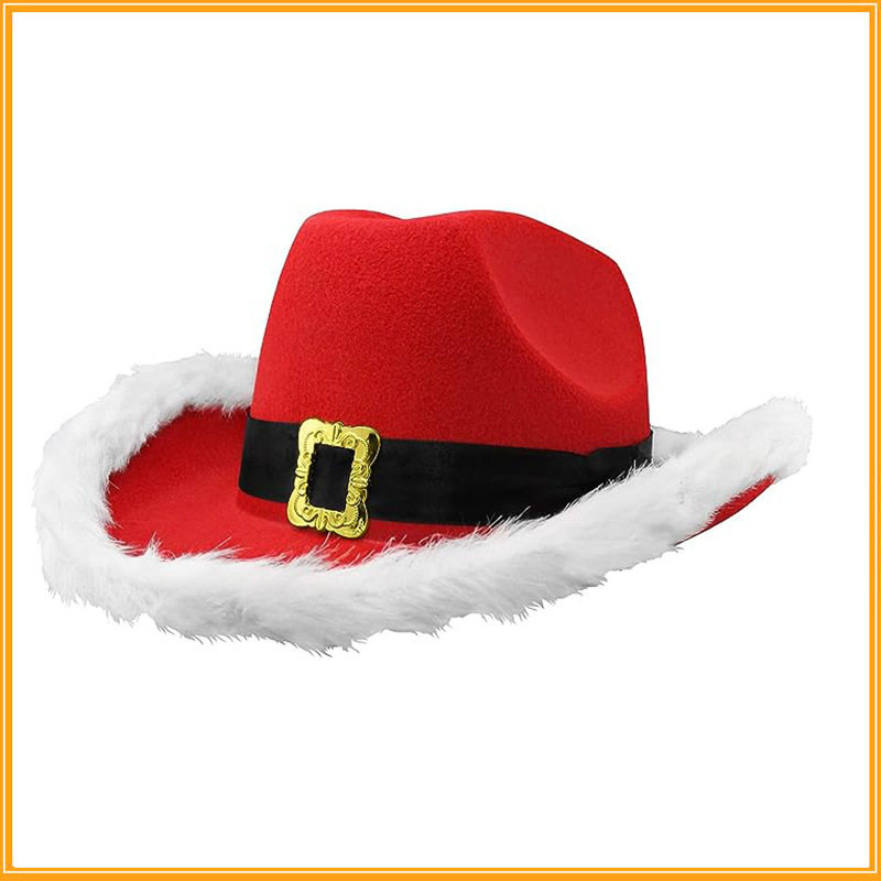 Cappello da cowboy con piume festa di Natale Bordo in pelliccia artificiale Cappello da Babbo Natale rosso non luminoso Cappello da carnevale occidentale