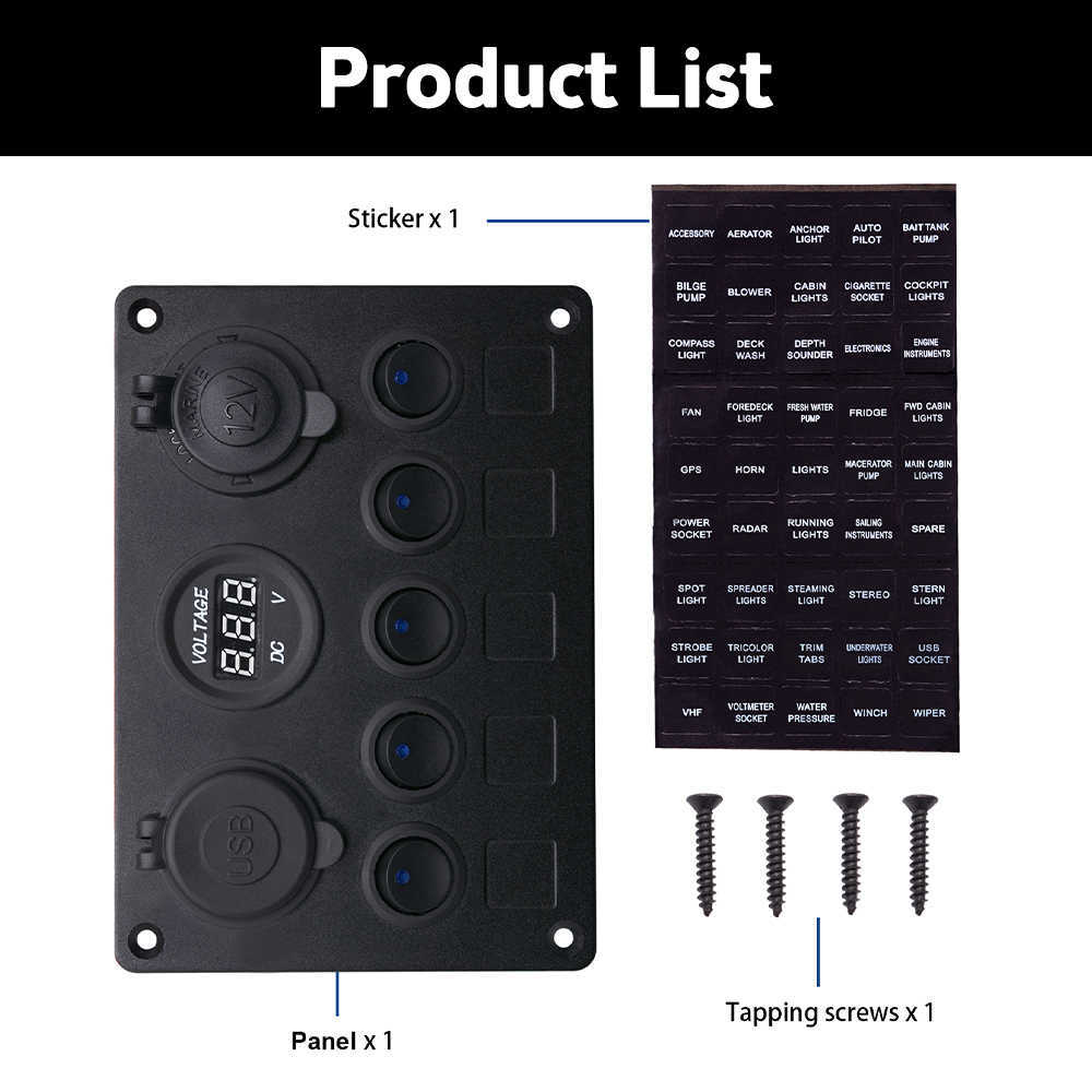 Painel de interruptor de balancim LED com voltímetro digital duplo porta USB 12V Combinação de interruptores à prova d'água para barco marinho de carro