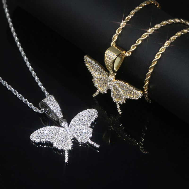 Iced Out Bling CZ PAVED Butterfly Pendant Halsband med repkedja Hip Hop Fashion Women Men smycken