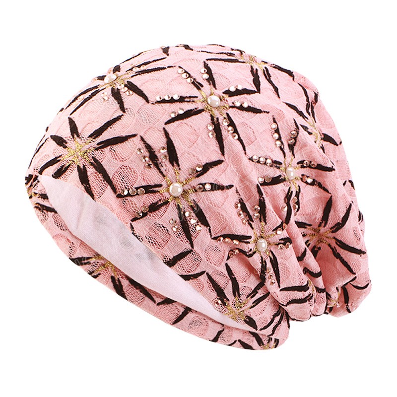 Fashion Beaded Lace Turban Slouchy Beanie Skull Cap Purple Muslim Hijabs Women Soft Bonnet Head Wrap Spring Autumn Hat