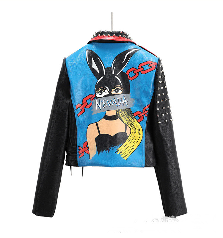 Vestes en cuir PU pour femmes Graffiti lettre florale imprimé Doodle Punk moto motard Zip Rivet gland chaîne taille manteaux pour femmes couleur contrastée vêtements d'extérieur 8700