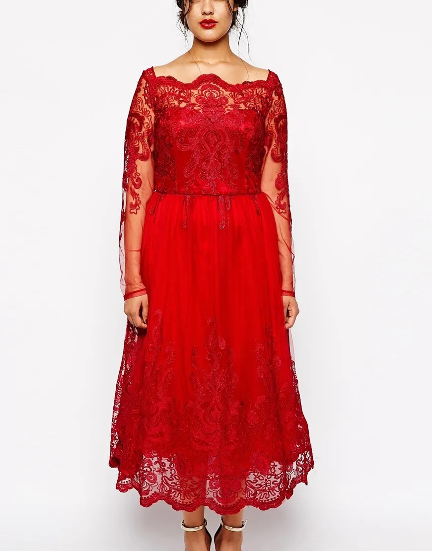 Rote, volle Spitze, Übergröße, formelle Kleider, transparentes Bateau-Langarm-Abschlussball-Abendkleid, Tee-Länge, A-Linie, Mutter der Braut