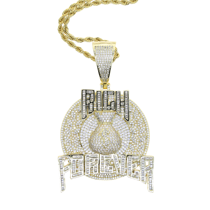 Bling Cz Letter pendant Iced Out Prong Setting Rich Forever Pendants Necklace for Men Gold Plated Hip Hop Jewelry