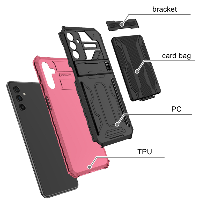 Robust kickstand telefonfodral för Samsung Galaxy A05 A05S A15 A25 A24 A54 A34 A14 A04S A04E Plast TPU Hybrid kreditkortsäck med osynlig konsol