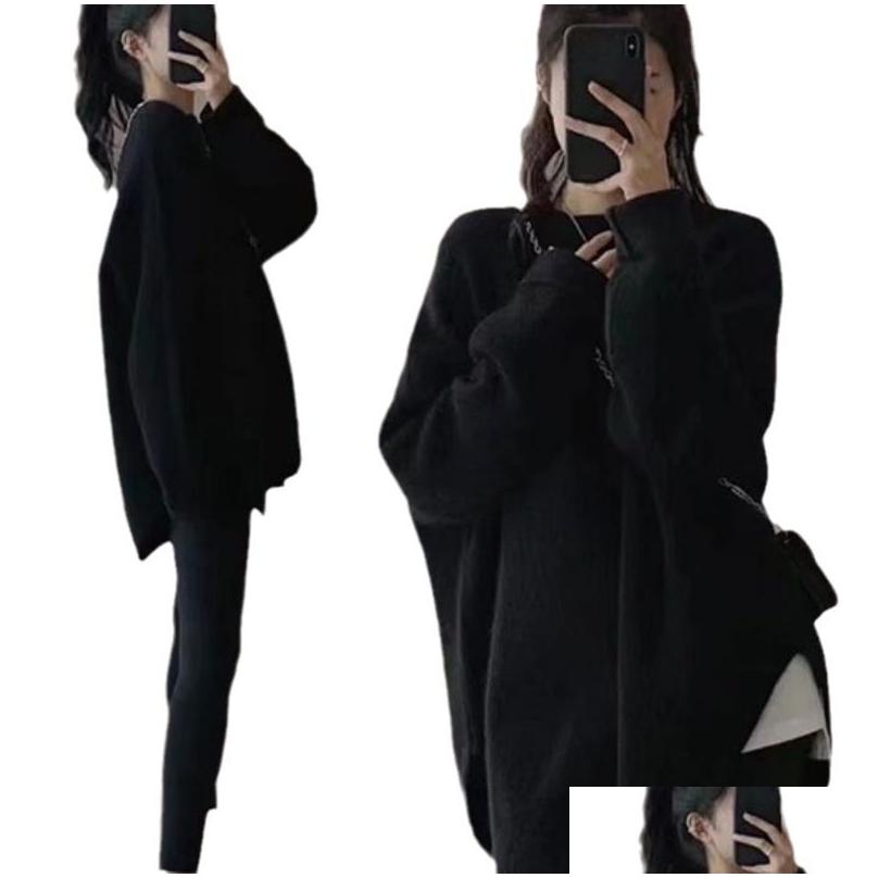 Womens Sweaters Idle Style Loose Round Neck Solid Color Sweater For Women 2023 Autumn And Winter New Korean Casual Side Slit Knitted P Dhqu1