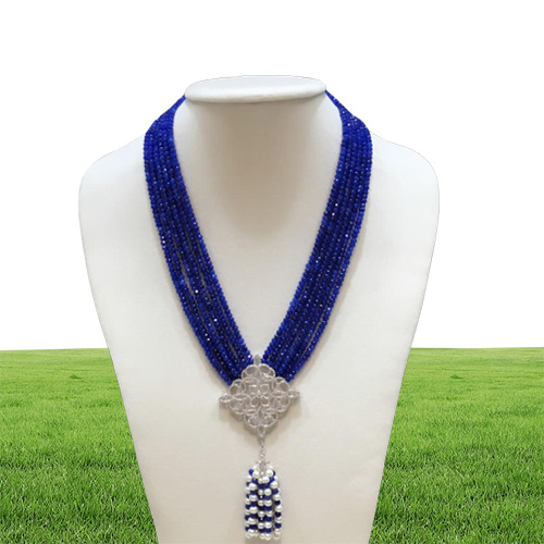 Collana lunga con nappe, accessori con micro intarsio, perle d'acqua dolce bianche multistrato, pietra blu naturale 2x4mm annodata a mano 4550c2764356