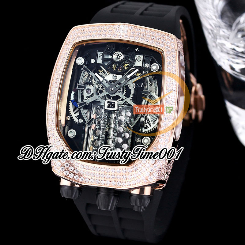 Relógio masculino Bugatti Chiron Tourbillon Autoamtic com mostrador esqueleto de motor de 16 cilindros com incrustações de diamantes gelados, pulseira de borracha preta trustytime001Relógios BU200.40