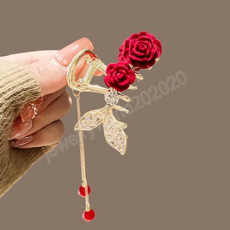 Trendy Elegant Rose Flower Fishtail Hair Clip Diamond Hairclip pearl Tassel Clip Ponytail Claw Hair Accessories For Women