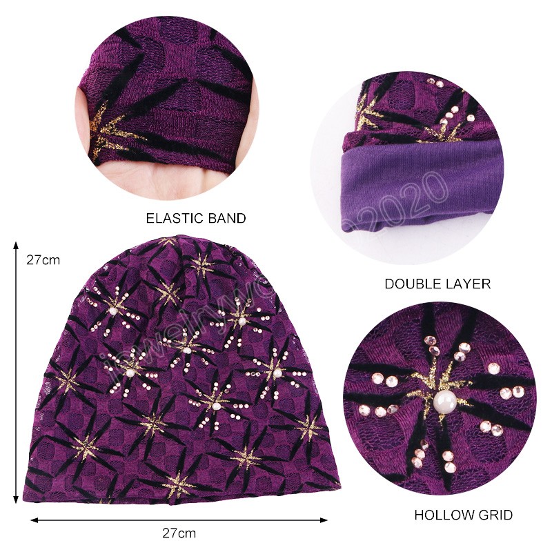 Fashion Beaded Lace Turban Slouchy Beanie Skull Cap Purple Muslim Hijabs Women Soft Bonnet Head Wrap Spring Autumn Hat