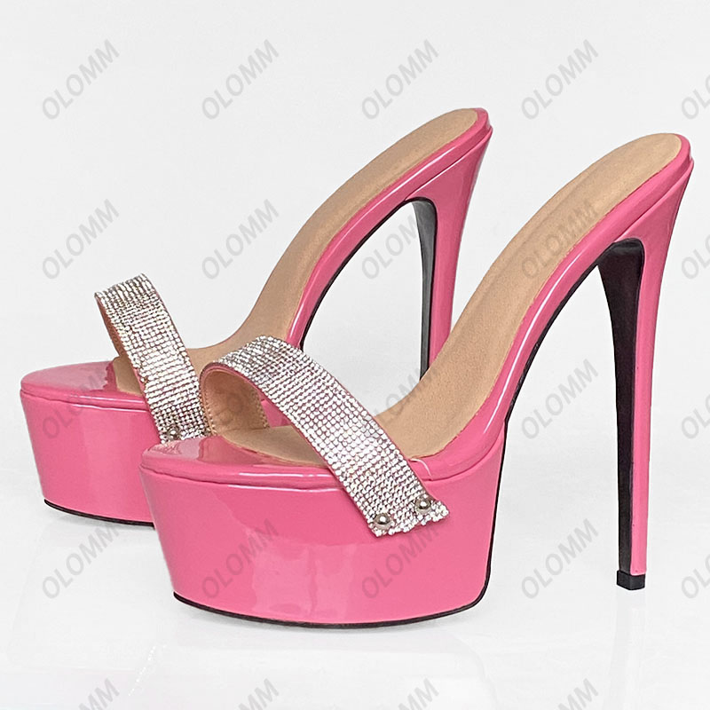 Omm Platforma Kobiet Mule Sandały Rhinestone Ultra High Heel Okrągłe palce Piękne czerwone różowe białe buty Panie US plus size 5-20