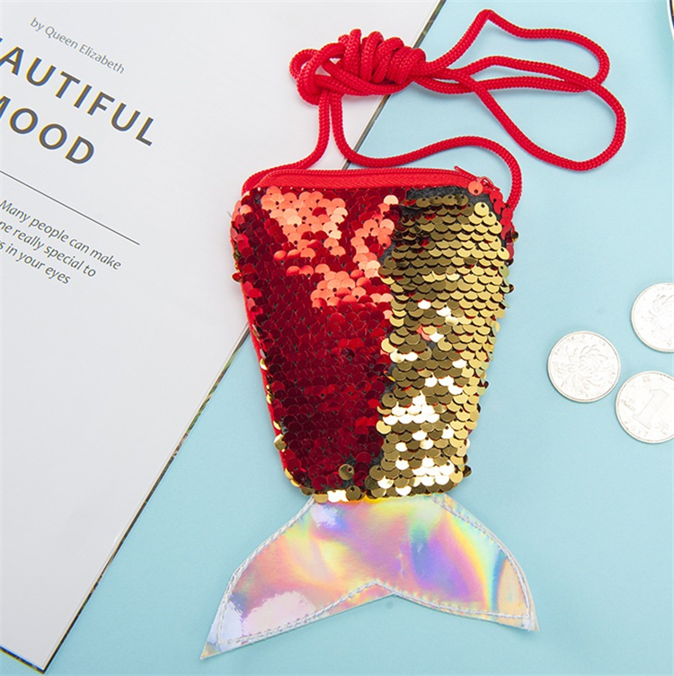 Tillbehör Förpackning Mermaid Tail Sequin Hanging Strap Zero Wallet Children's Oblique Cross Long Rope Coin Bag Small Wallet Organizers LT372