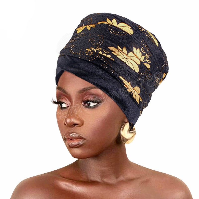 Women African Turban Hat Muslim Wrapped Scarf Beanie Cap Golden Print Ethnic Style Hijab Care Cap