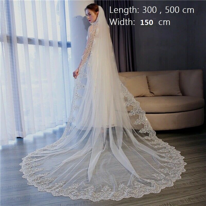 Sparkly 3M Long Cathedral Wedding Veils One Layer Lace Applique Trim Soft Tulle Real Image Sequined Bridal Veil With Comb