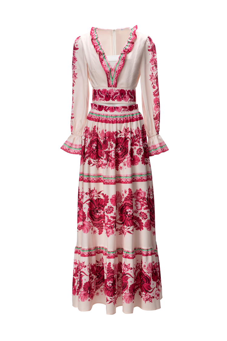 Vestido de dos piezas de diseñador de pasarela para mujer, blusa estampada de manga larga con cuello en V y falda floral de línea A, conjuntos gemelos