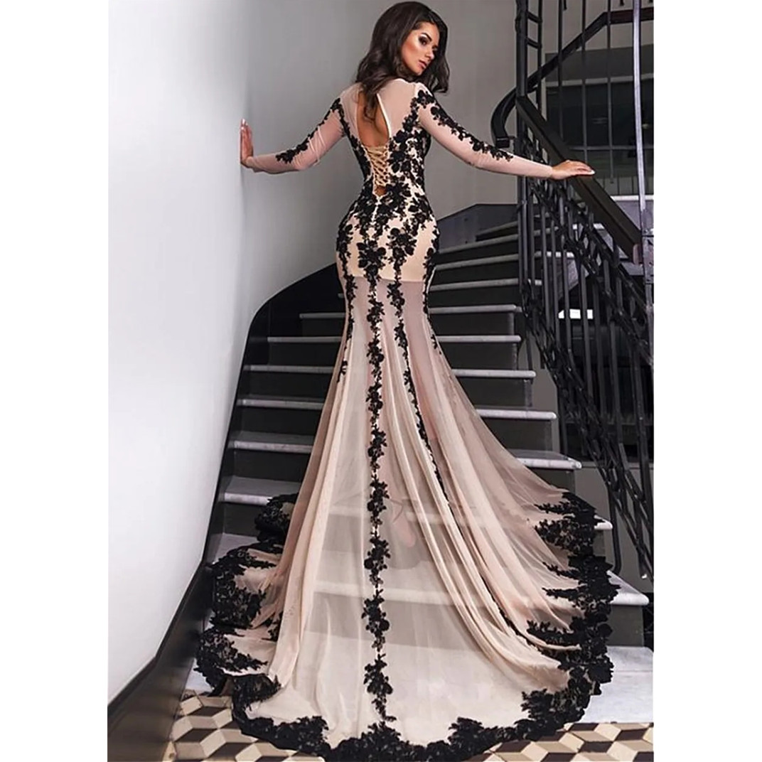 Chiffon Bateau Neckline Mermaid Evening Dresses With Long Sleeves Nude and Black Prom Dresss trumpet prom Gowns