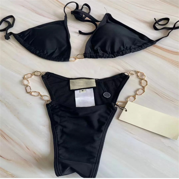 Designer Bikinis G Luxury Metal Chain Design Swimwear Ladies Fashion Pink Black Water Resistant Mid Waist Beach Bathing Wholesale 10% OFF