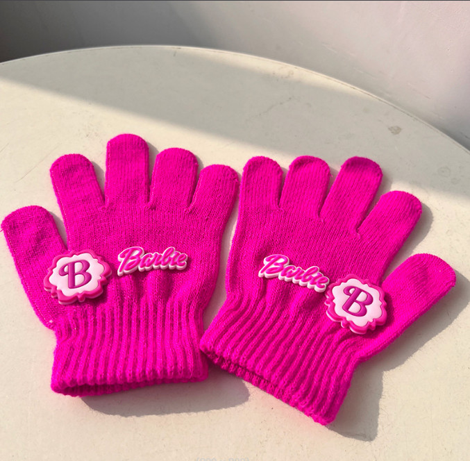 Kids Dopamine Colorful Barbie gloves children cartoon letter applique finger glovers winter boys girls knitted warm mittens Z5307