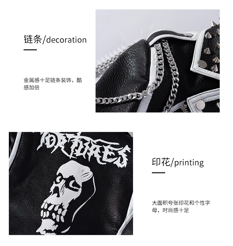 Women's Pu Leather Jackets Graffiti Floral Letter Cartoon Print Punk Motorcycle Biker Zip Rivet Chain Waist Woman's Coats Contrast Color Outerwear MT-21681