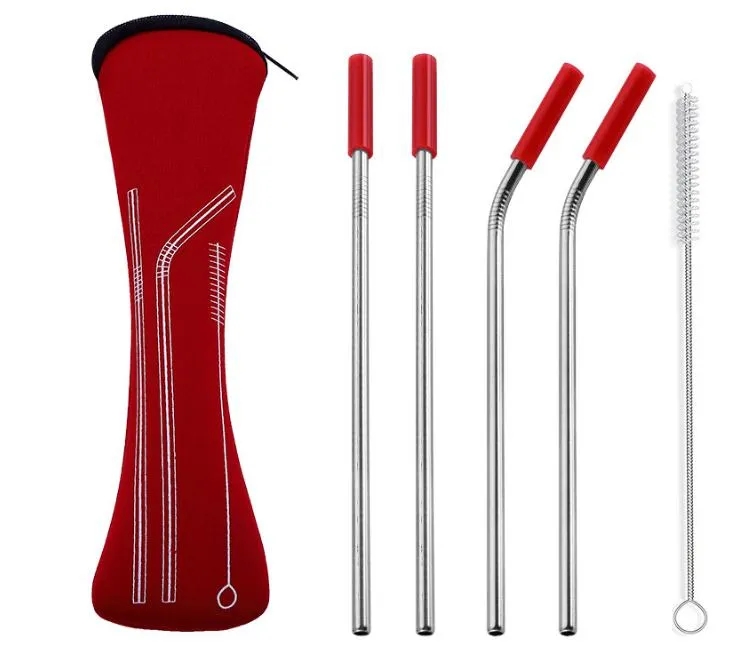 Stainless Steel straw bendable Sets With Pouch Bag Colorful Metal Straw With Silicone Tip Reusable Juice Straw Bar Tools 