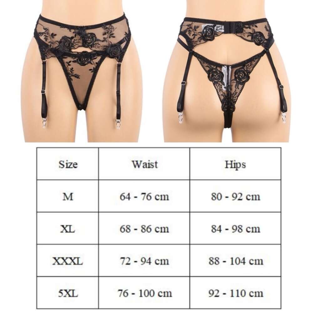 Plus Size Mesh Transparent Garters with G Strings Women Sexy Underwear Embroidery Floral Garter Suspender Belt for Stockings