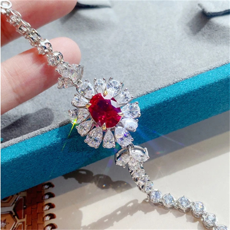 Flower Ruby Diament Zestaw biżuterii 925 Srebrny Biejou Wedding Kolczyki Bransoletka Naszyjnik dla kobiet biżuteria dla kobiet