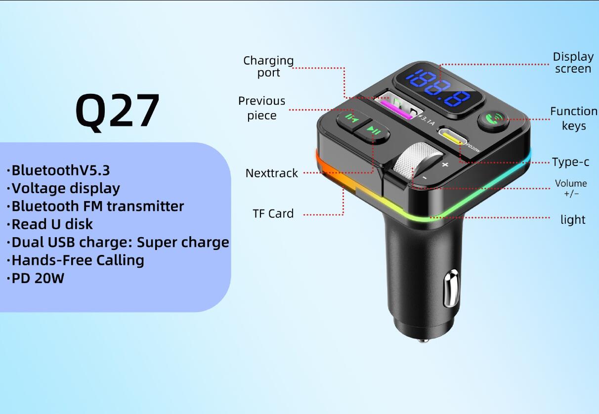 Q27 Wireless Bluetooth Car Kit MP3-Player Radiosender Audio-Adapter 3,1 A FM-Lautsprecher Typ C Schneller USB-C-Anschluss Ladegerät AUX