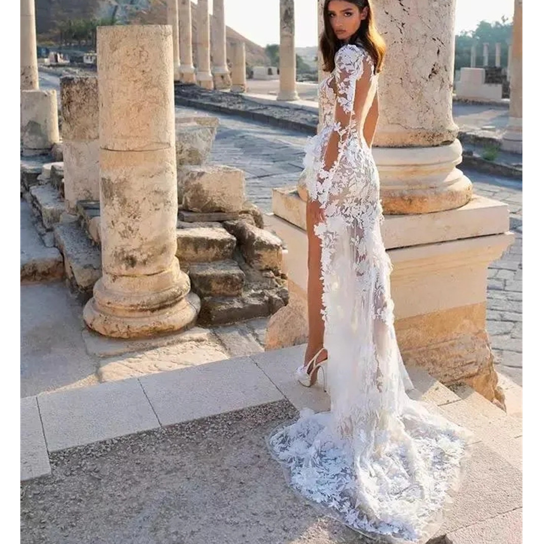 Arabia Mermaid Wedding Dress 2024 Berta High Collar Side Slit Illusion Lace Applicants Långärmad svep Train Boho Bridal Gown