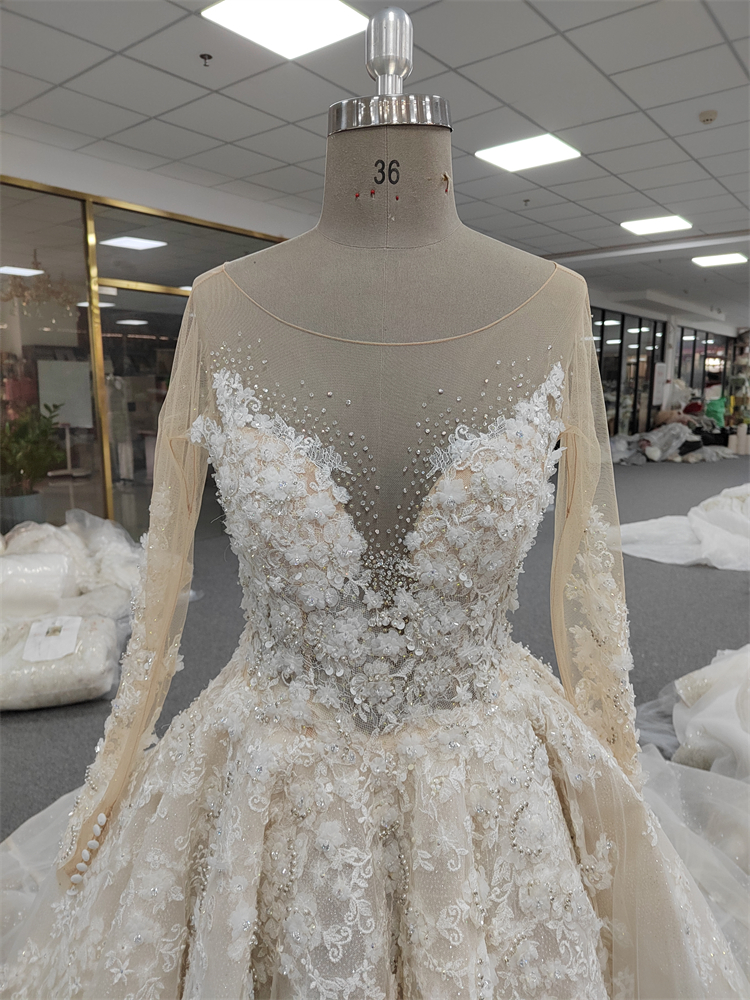 Factory Wholesale High Quality Long Sleeve Hand Made Beading Crystal Lace Applique Wedding Dresses For Bridal Wear