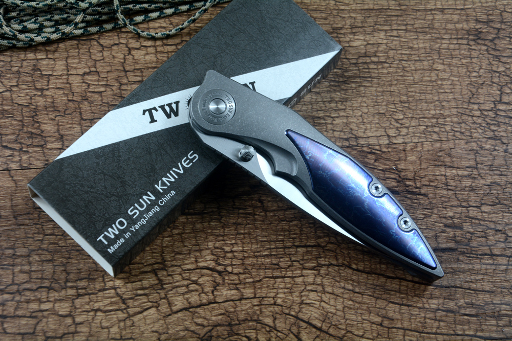 TWOSUN TS413 Pocket Knife Outdoor Hunting Folding D2 Satin Blade TCful Titanium Handle
