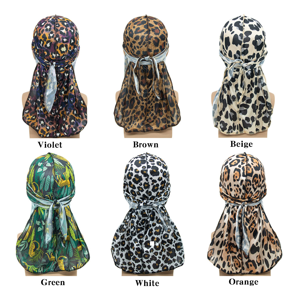 2023 New Satin Leopard Print Pirate Hat Hip-Hop Elastic Wrap Head Turban Caps Durag Hair Accessories Headwear Long Straps