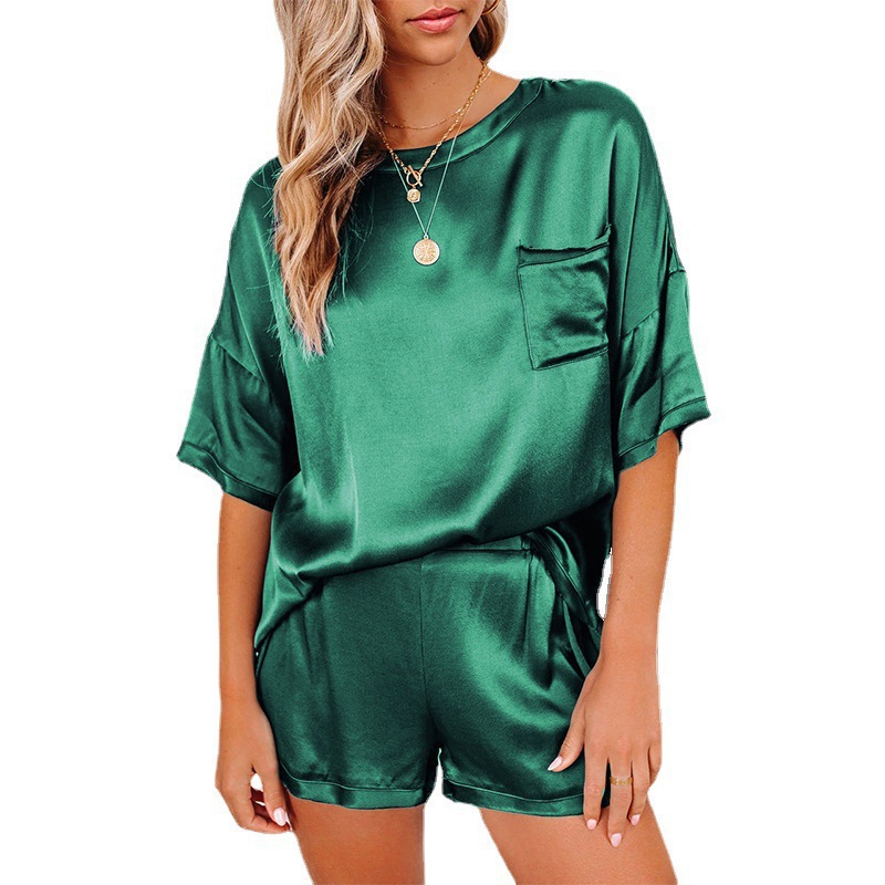 Women's Two Piece Pants Designer satin silk and short sleeved women's wear top loose with a row of buttons casual high waist
