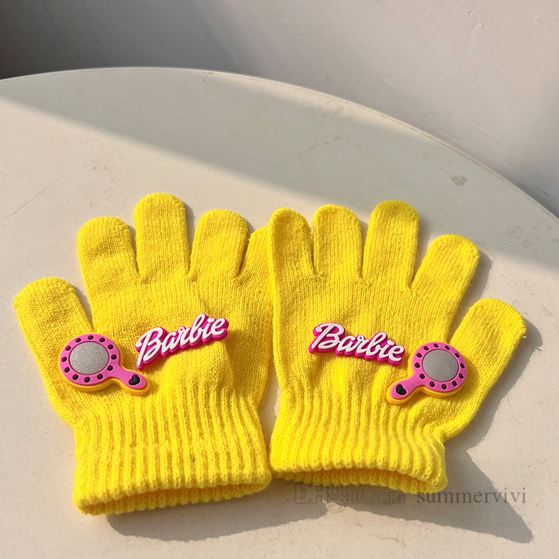 Kids Dopamine Colorful Barbie gloves children cartoon letter applique finger glovers winter boys girls knitted warm mittens Z5307