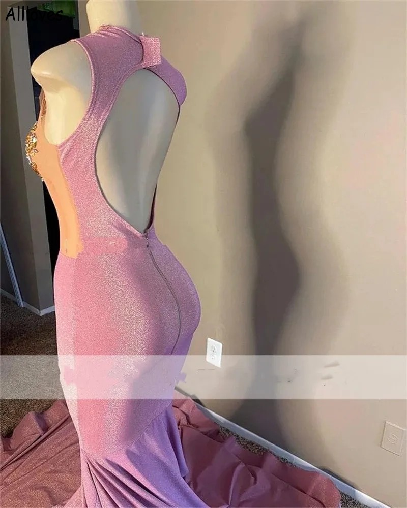 Slim Fitted Pink Prom Dresses For African Girls Sexy Halter Sheer Neck Luxury Rhinestones Speical Occasion Evening Gowns Long Mermaid Backless Formal Wear CL2191