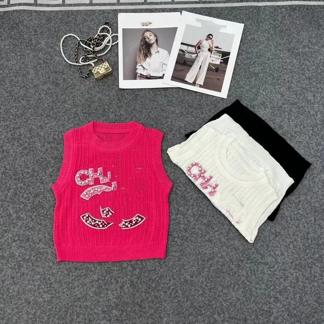 여자 O-Neck 편지 자수 비즈링 모조 다이아몬드 중공 아웃 니트 탱크 camis vest sml