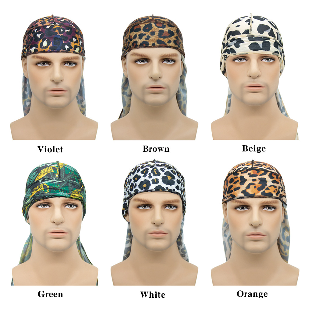 2023 New Satin Leopard Print Pirate Hat Hip-Hop Elastic Wrap Head Turban Caps Durag Hair Accessories Headwear Long Straps