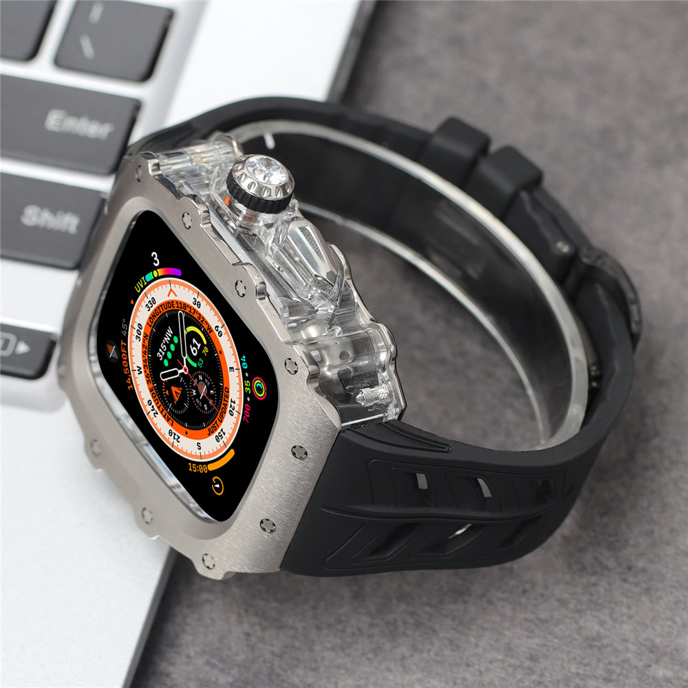 AP Mod Kit Premium-Titanlegierungsgehäuse für Apple Watch Serie 9 8 7 6 5 4 SE Ultra Fluorkautschukband 44 mm 45 mm 49 mm