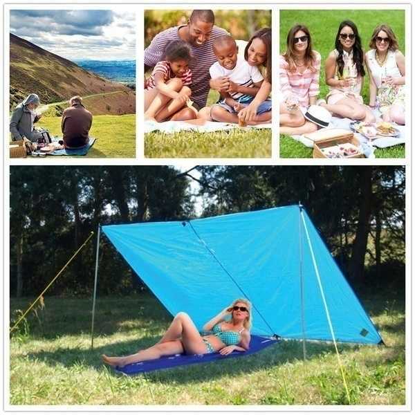 Almohadillas al aire libre Tienda de campaña al aire libre Toldo Toldo Sombrilla Refugio para la lluvia Playa Camping Picnic Pad Estera a prueba de humedad Refugio de supervivencia Rotura de viento Lluvia Mosca W0422