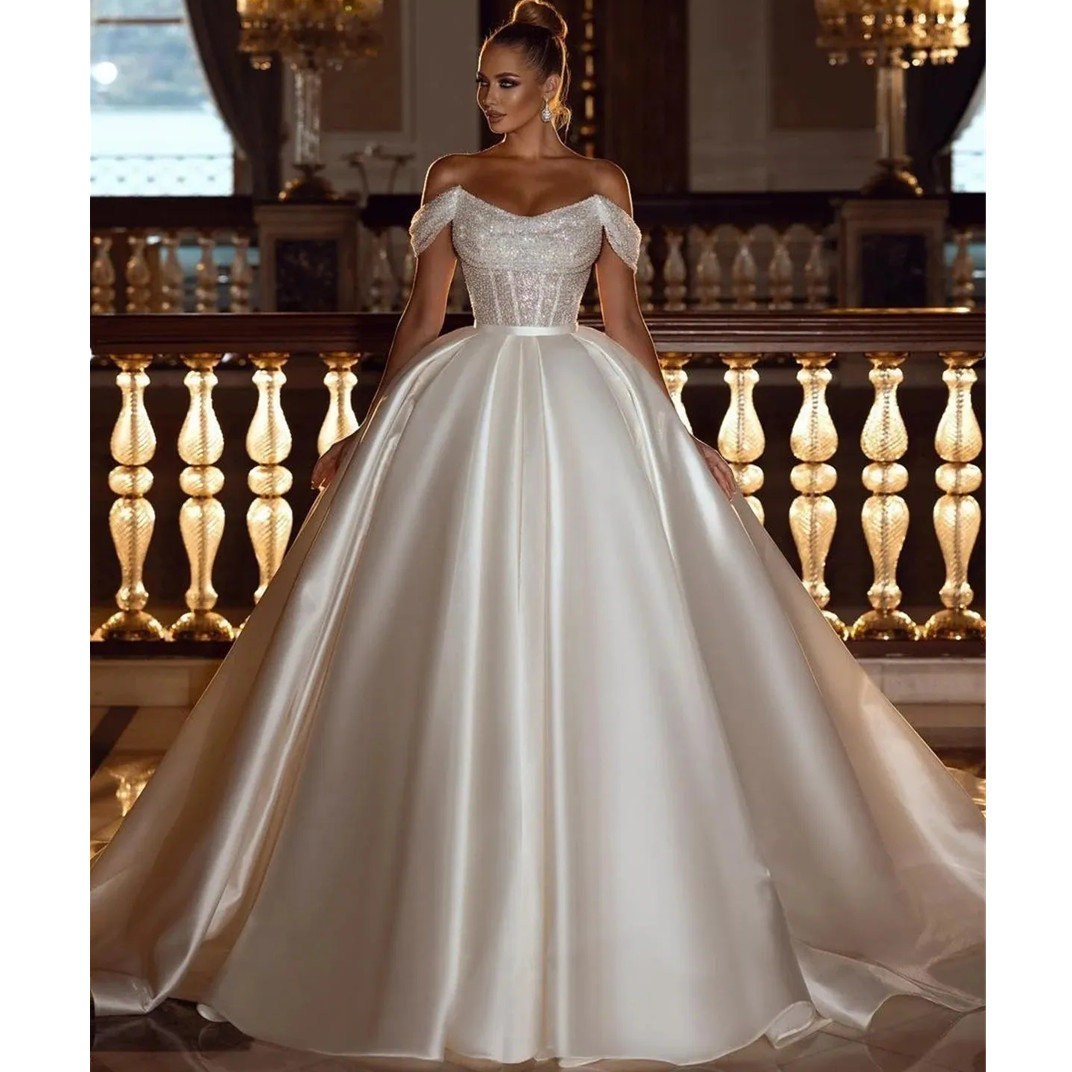 Sparkly Sequins Ball Gown wedding Dresses With Detachable Satin Train Elegant Off-the-Shoulder Dubai Robe de soriee Arabic Modern Bridal Gowns