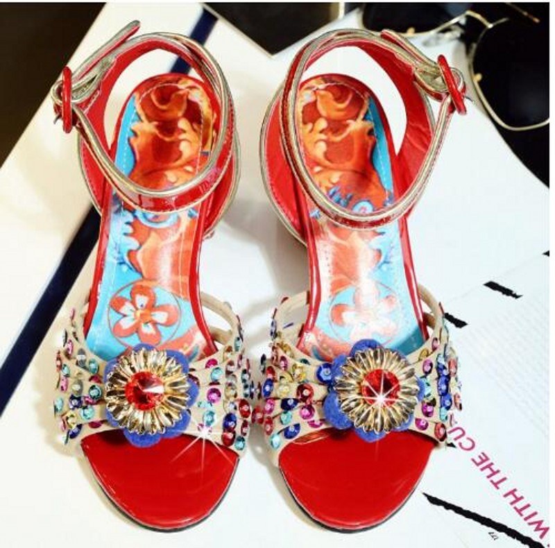 Red Print Flower Wedding Bridal Dress Shoes Lady Sandals Fashion Open Toe Summer Women Gladiators Schoenen Big Size 35-42