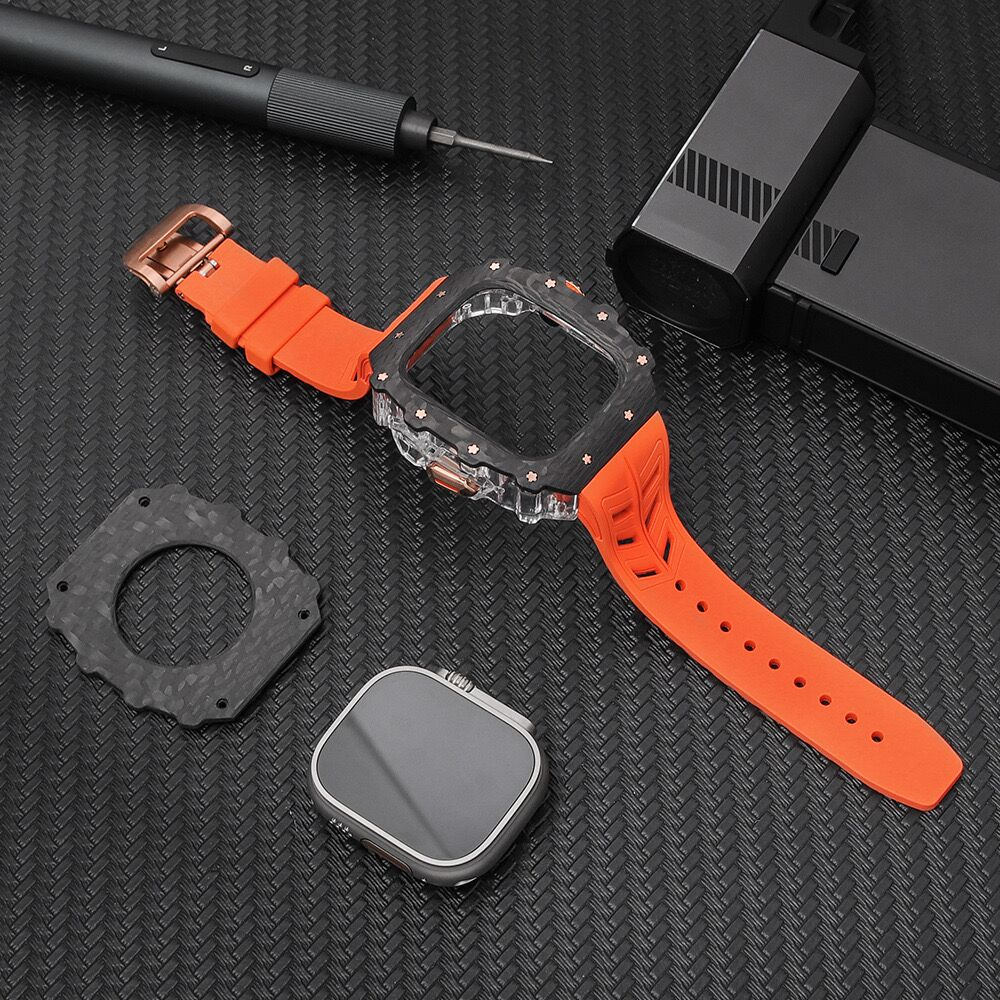 Ap Mod Kit Premium äkta kolfiberfodral för Apple Watch Series 9 8 7 6 5 4 SE Ultra Fluorubber Farterfly Buckle Band 44mm 45mm 49mm