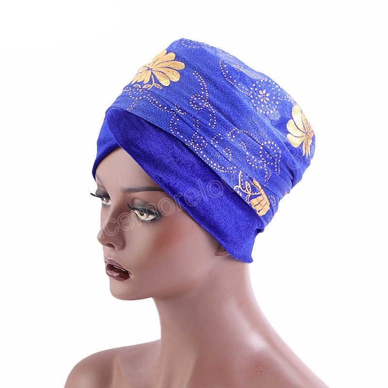 Women African Turban Hat Muslim Wrapped Scarf Beanie Cap Golden Print Ethnic Style Hijab Care Cap