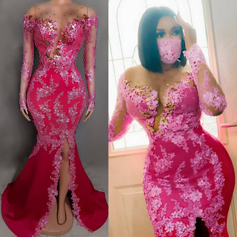 2023 Arabisch Aso Ebi Ballkleider Fuchsia Luxuriöse Meerjungfrau mit langen Ärmeln Nobler Tüll Afrikanischer Nigeria Spitze Abend formelle Party Partykleid für den zweiten Empfang ST516