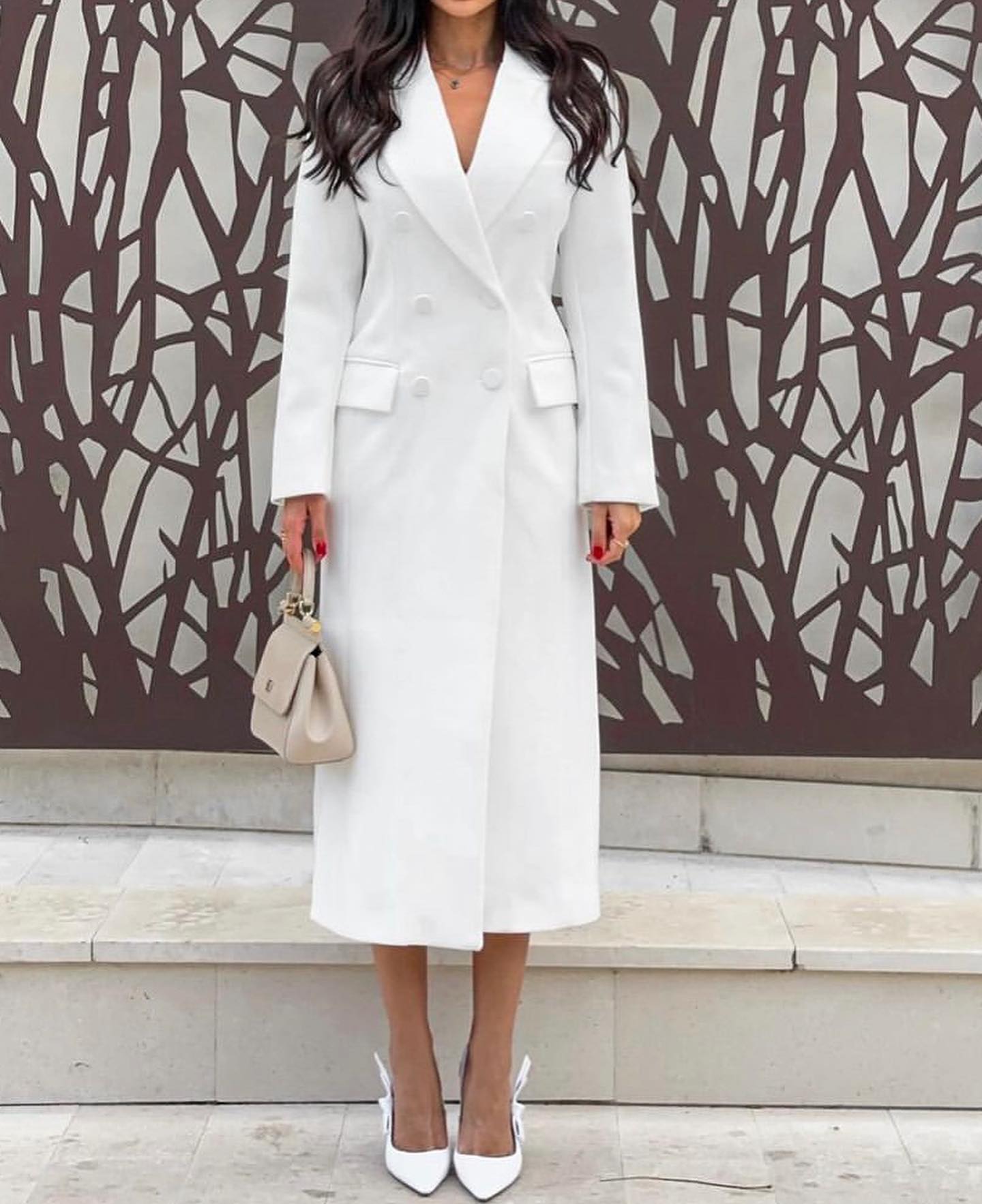 Beyaz Kadınlar Blazer Çift Göğüslü Uzun Kollu Ofis Kadın Sokak Giyim Spor Giyim Sadece Bir Ceket