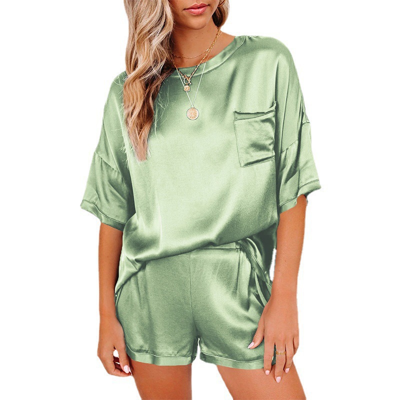 Women's Two Piece Pants Designer satin silk and short sleeved women's wear top loose with a row of buttons casual high waist