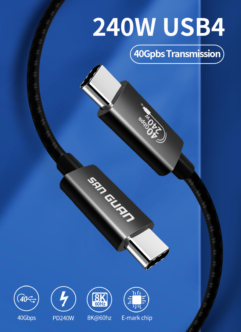 Ny trendande CE -certifierad USB4 240W 40 Gbps med smart chip koaxial linje C till C USB -laddningskabel